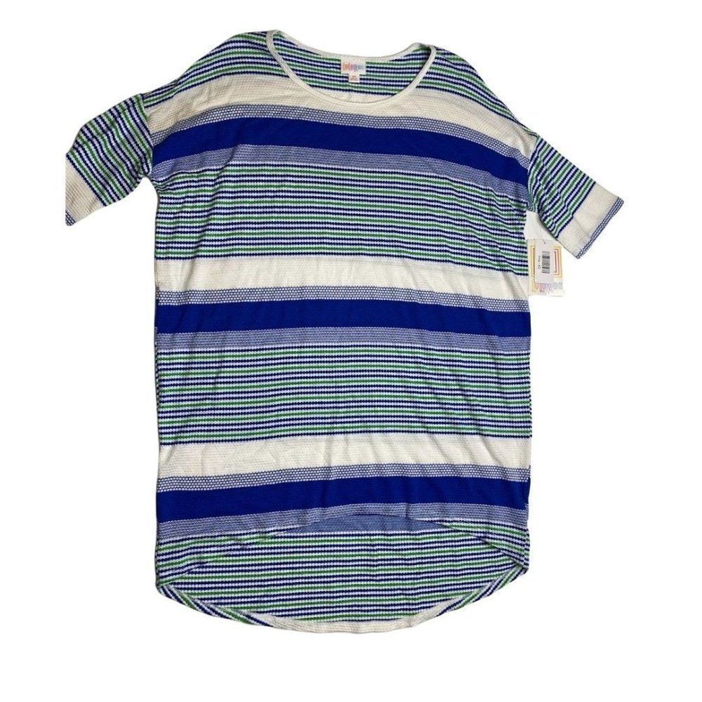 LuLaRoe Irma High Low Tunic Top Blue‎ Green Stripe XS NEW